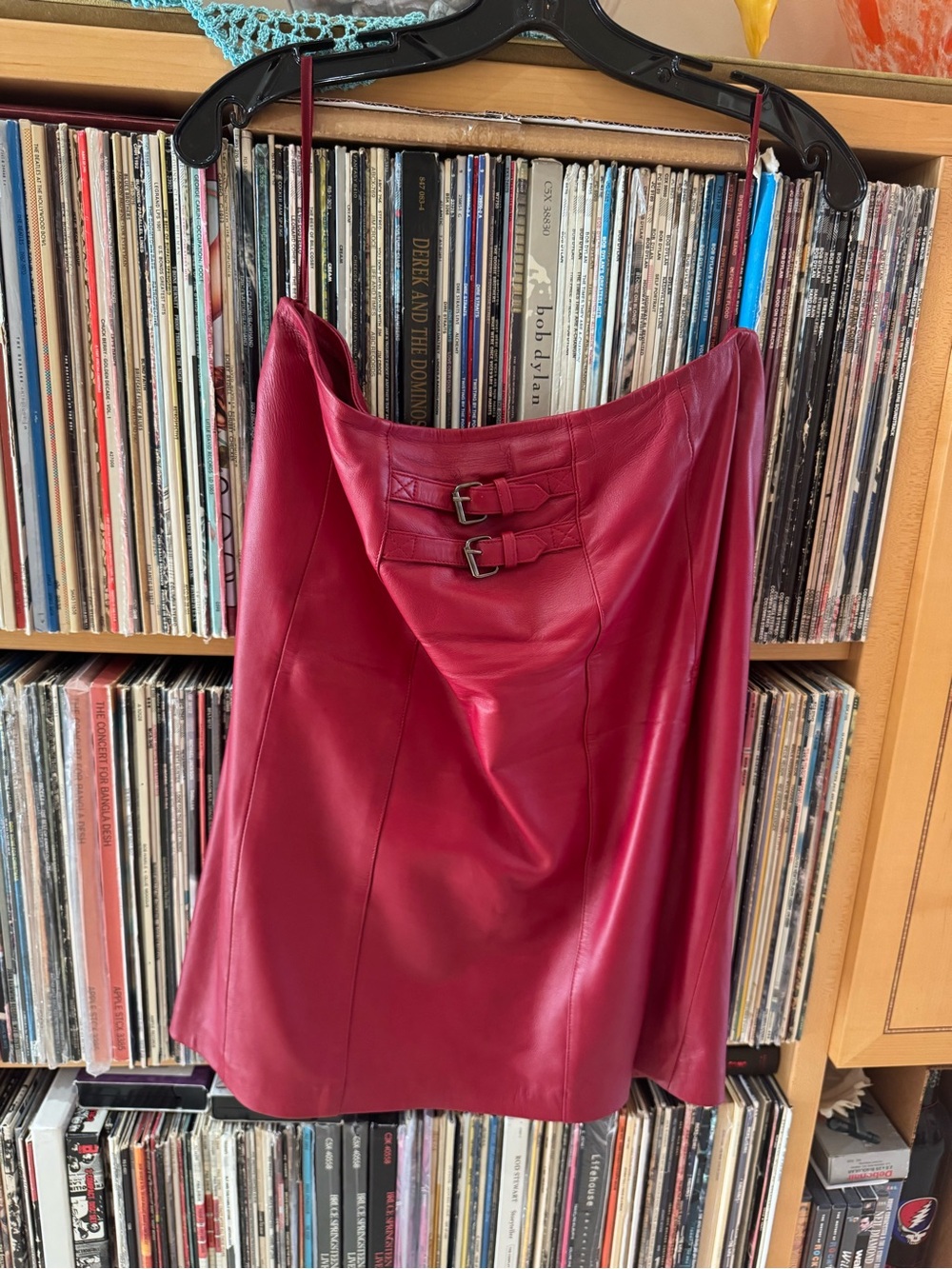 PRICE DROP:VAKKO, 8, lined, Deep Red LAMBSKIN LEATHER BUCKLE DETAIL SKIRT